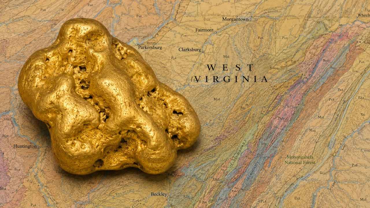 Gold nugget resting on a geological map of West Virginia